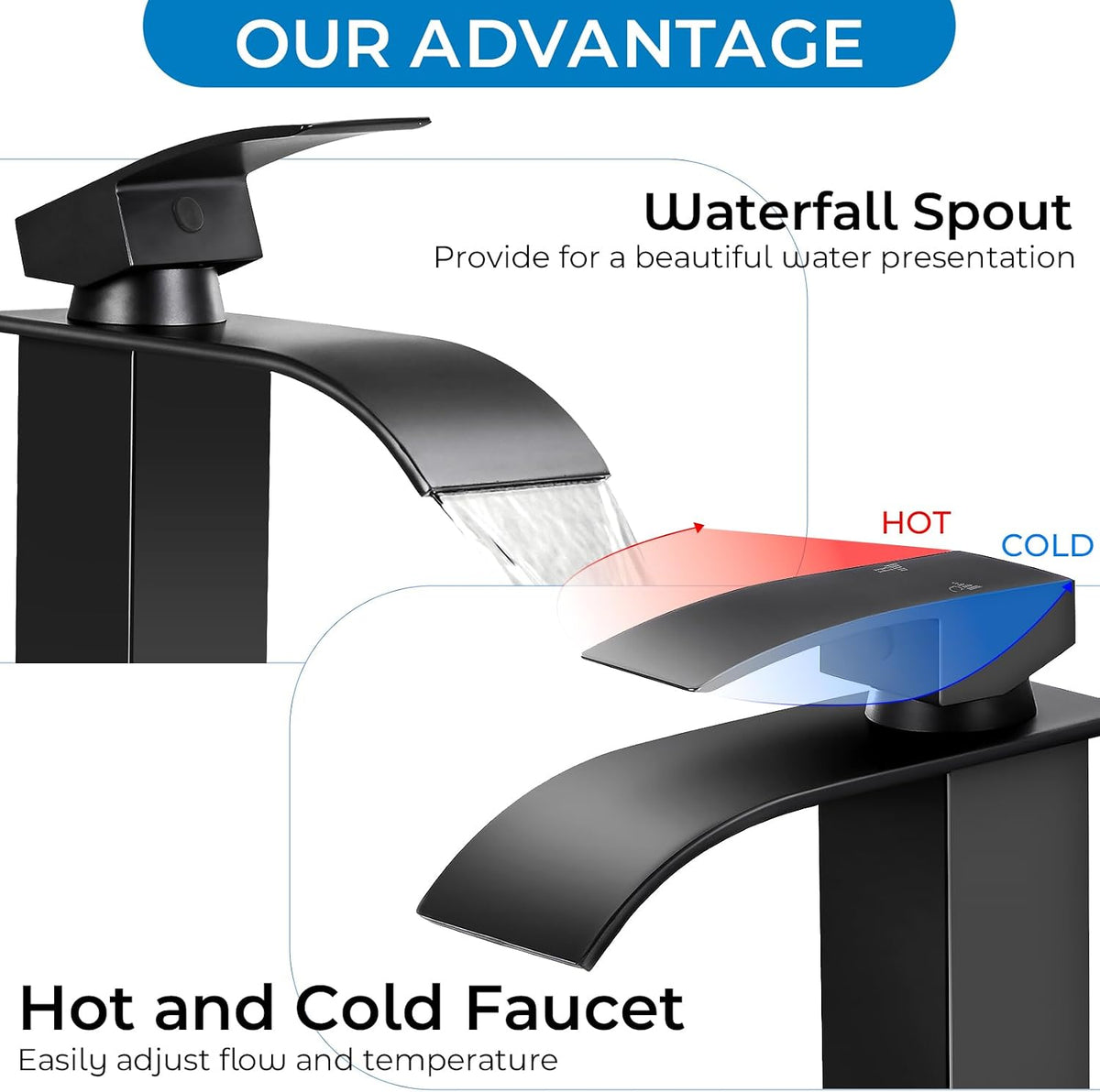 Matte Black Bathroom Faucet with Waterfall Spout and Pop-up Drain