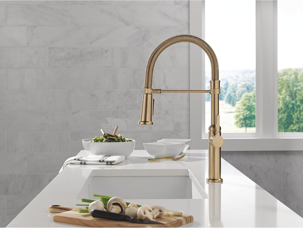 Delta Faucet Rhett Pro Commercial Style Kitchen Faucet with Pull Down Sprayer, Gold Commercial Kitchen Faucet, Spring Kitchen Faucet, Delta Kitchen Sink Faucet, Champagne Bronze 18829-CZ-DST