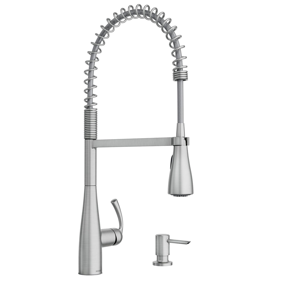 Moen Essie Spot Resist Stainless Pulldown Sprayer Kitchen Sink Faucet Set with Modern Pump Soap Dispenser, 87014SRS