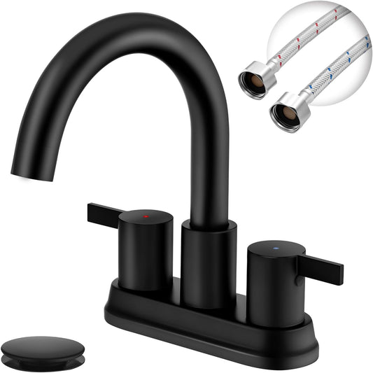 Two Handle 4 inch Black Bathroom Faucet, Bathroom Sink Faucet for 3 Holes with Pop-up Drain and 2 Supply Hoses, Lead-Free