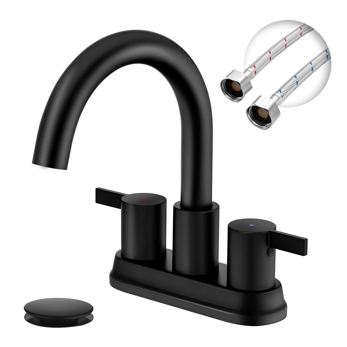 Two Handle 4 inch Black Bathroom Faucet, Bathroom Sink Faucet for 3 Holes with Pop-up Drain and 2 Supply Hoses, Lead-Free