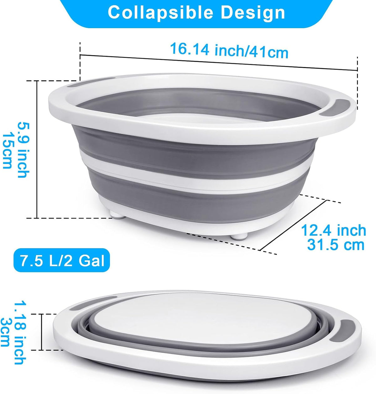 Collapsible Wash Basin, 7.5L Dish Tub Sink Basin Folding Dish Pans for Kitchen Sink, 2-in-1 Dishpan + Cutting Board, Portable Sink Dish Basin for Camping BBQ Prep Tub Washing Bin Bucket for Cleaning