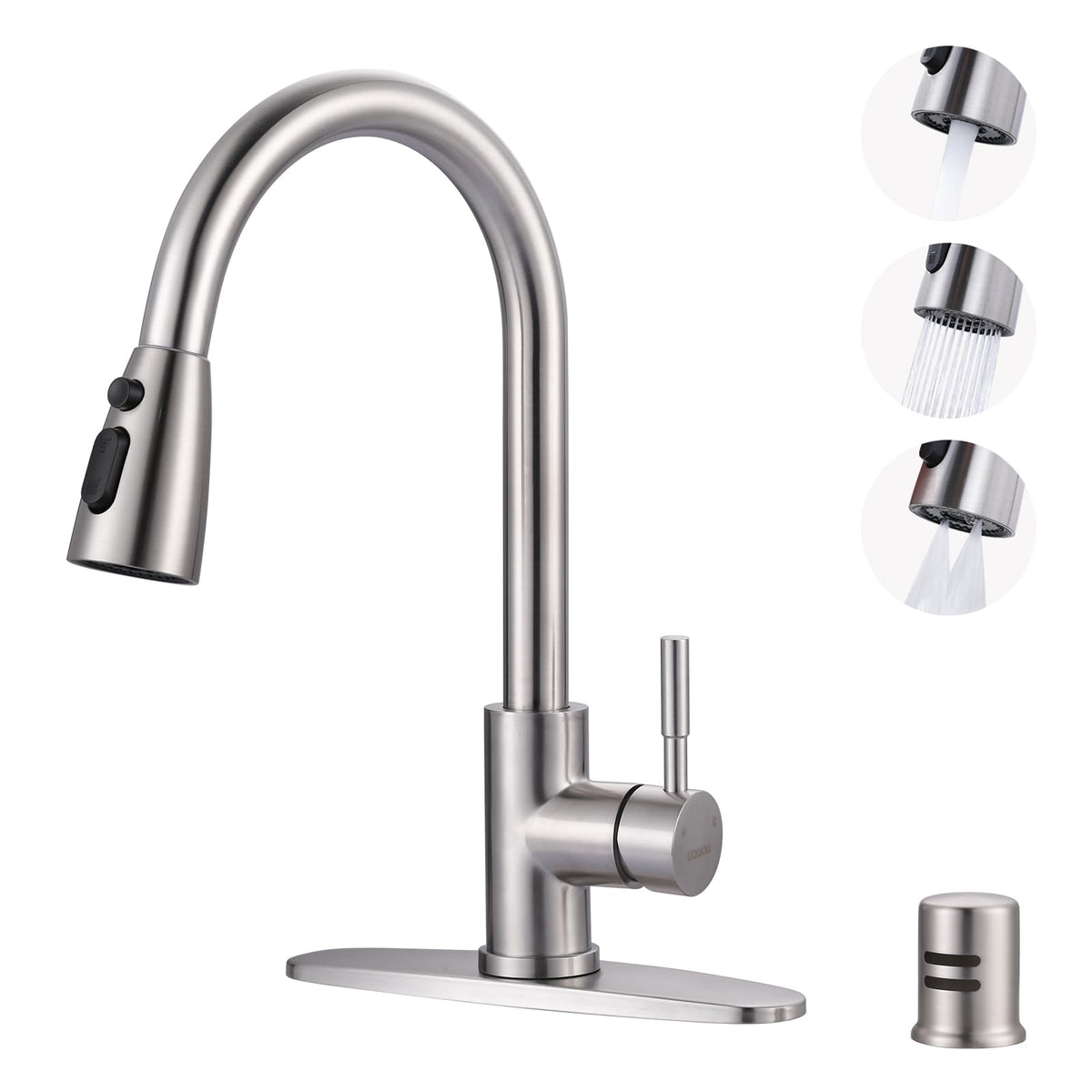 WOWOW Kitchen Faucet with Soap Dispenser: 304 Stainless Steel Kitchen Sink Faucet with Pull Down Sprayer 3 Modes, Single Handle High Arc Mixer Taps for Sink, RV, Laundry, Bar (Brushed Nickel)