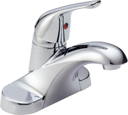 Delta Foundations Centerset Chrome Bathroom Faucet, 4 Inch 3 Hole Bathroom Sink Faucet for Vanity, Metal Push-Pop Drain Assembly, Chrome B501LF