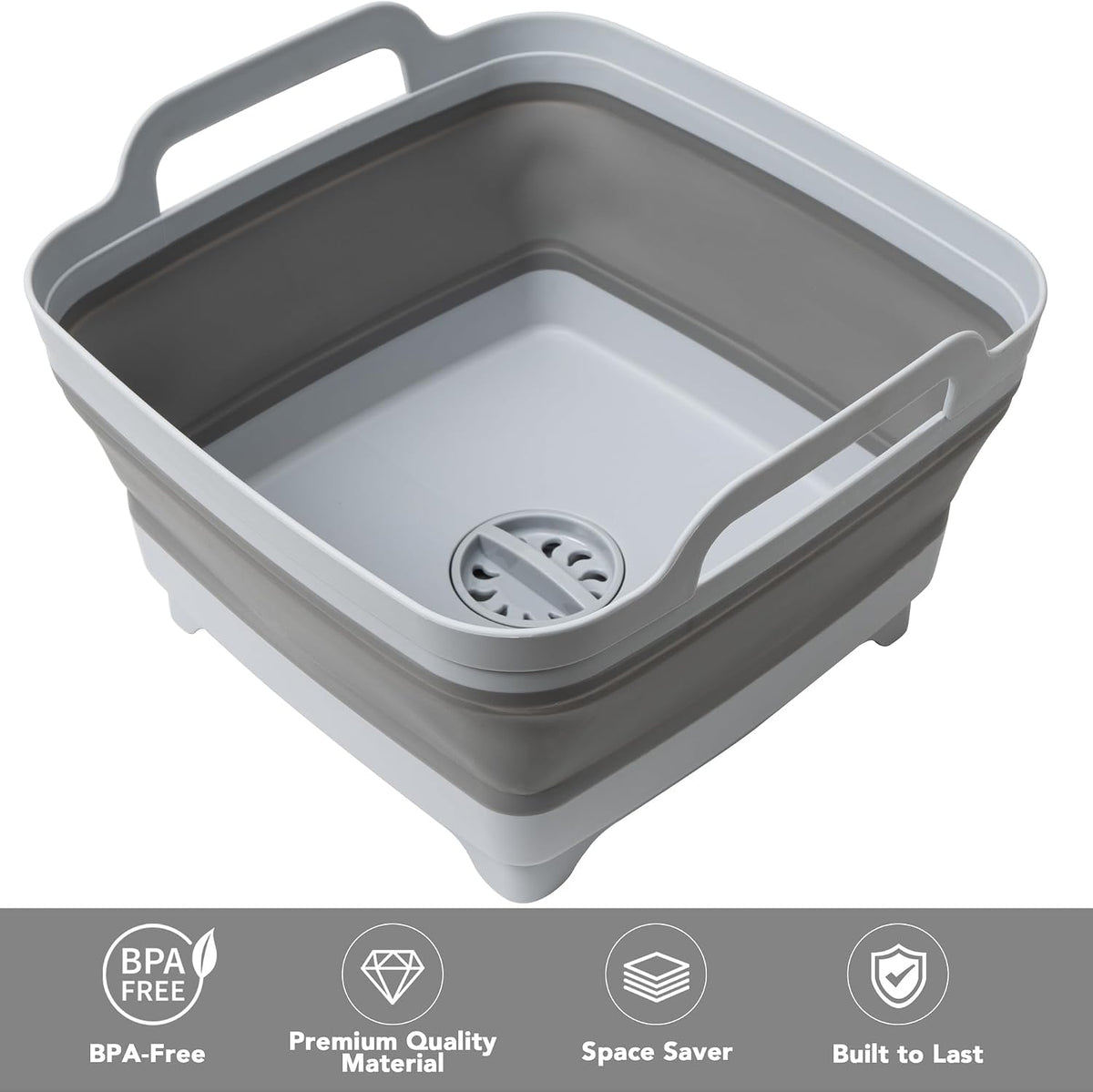 Tiawudi Dishpan for Washing Dishes, 2.4Gal/9L Wash Basin with Draining Plug Carry Handles, Collapsible Bucket for Cleaning, Portable Sink, Foldable Plastic Tub, 1PC