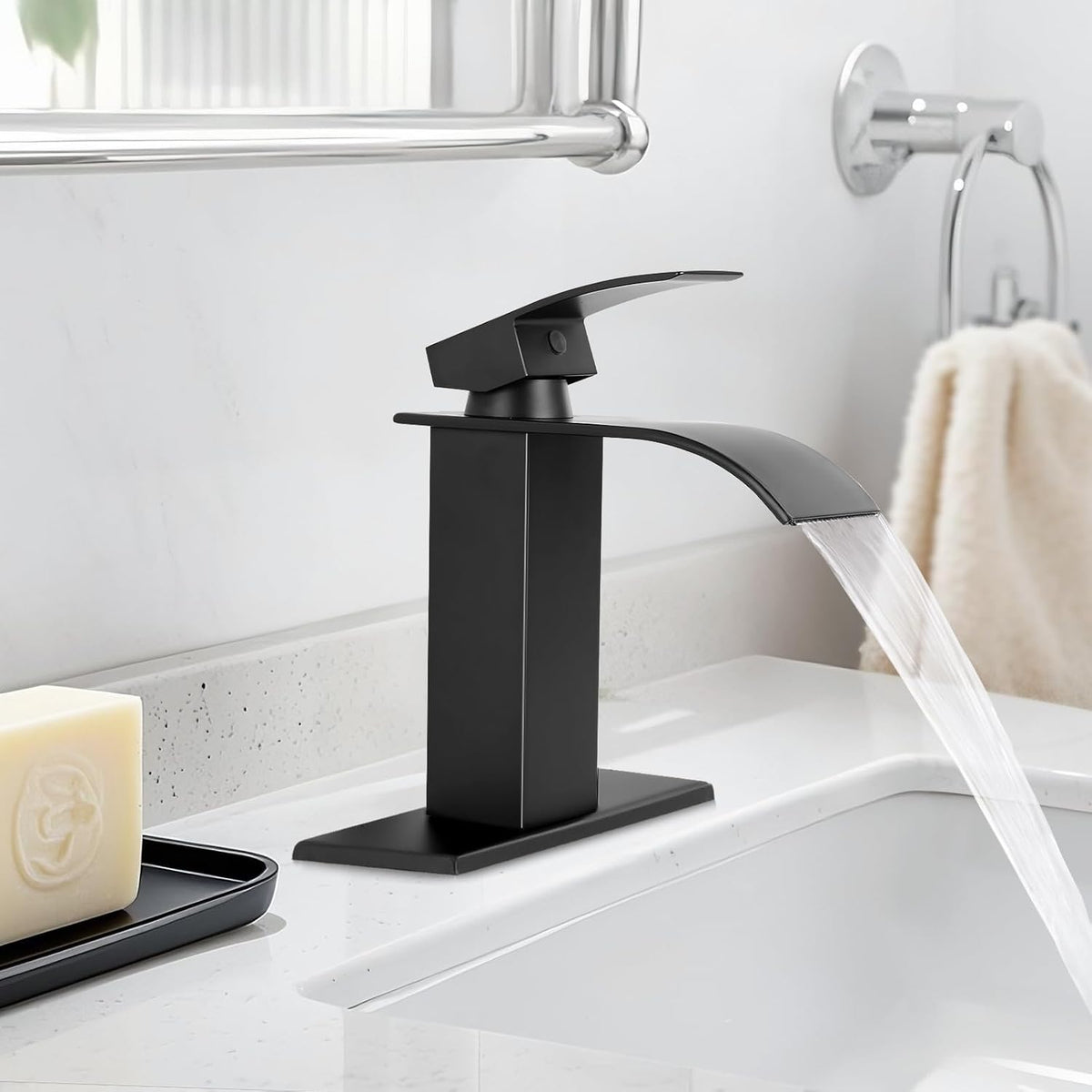 Matte Black Bathroom Faucet with Waterfall Spout and Pop-up Drain