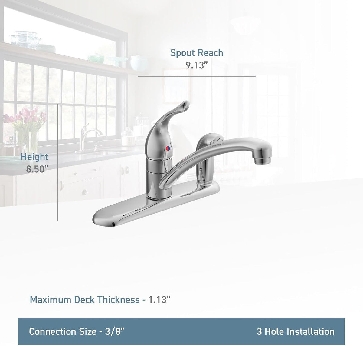 Moen Chateau Chrome One-Handle Low-Arc Kitchen Faucet with Side Sprayer in Deck Plate for 3-Hole Setup, 7434