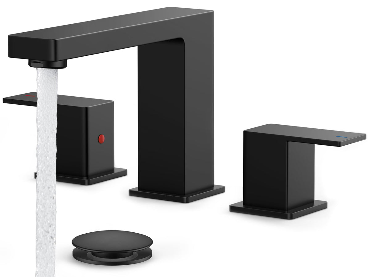FORIOUS Black Bathroom Faucet 3 Hole, Matte Black Bathroom Sink Faucet Wide