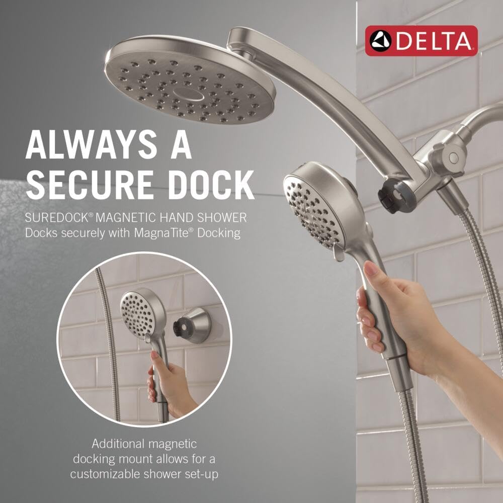 Delta 6-Setting PivotPro 3-in-1 Combination Shower Head with ProClean Spray, Brushed Nickel Round Shower Head Rainfall with Handheld Spray, 1.75 GPM, SpotShield Brushed Nickel 75649SN