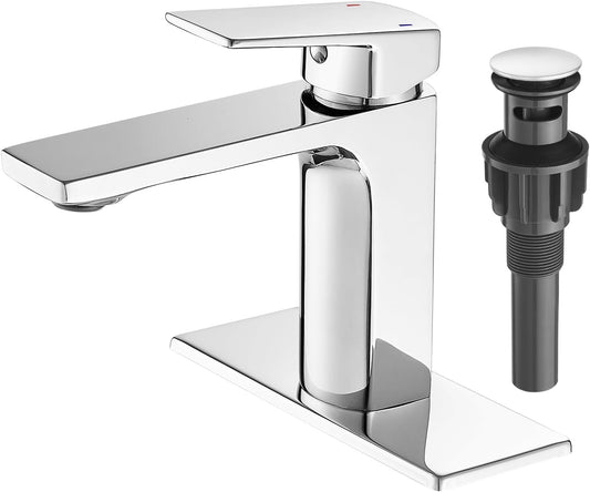 VOTON Chrome Bathroom Faucet Single Handle Bathroom Sink Faucet Lavatory Vanity Faucet with Pop Up Drain & Water Supply Lines