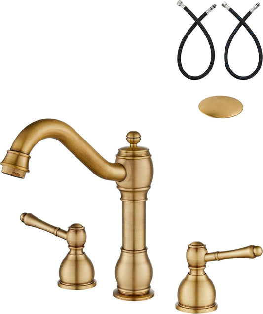 Aolemi Widespread Bathroom Sink Faucet 3 Hole Metal Lever Antique Brass