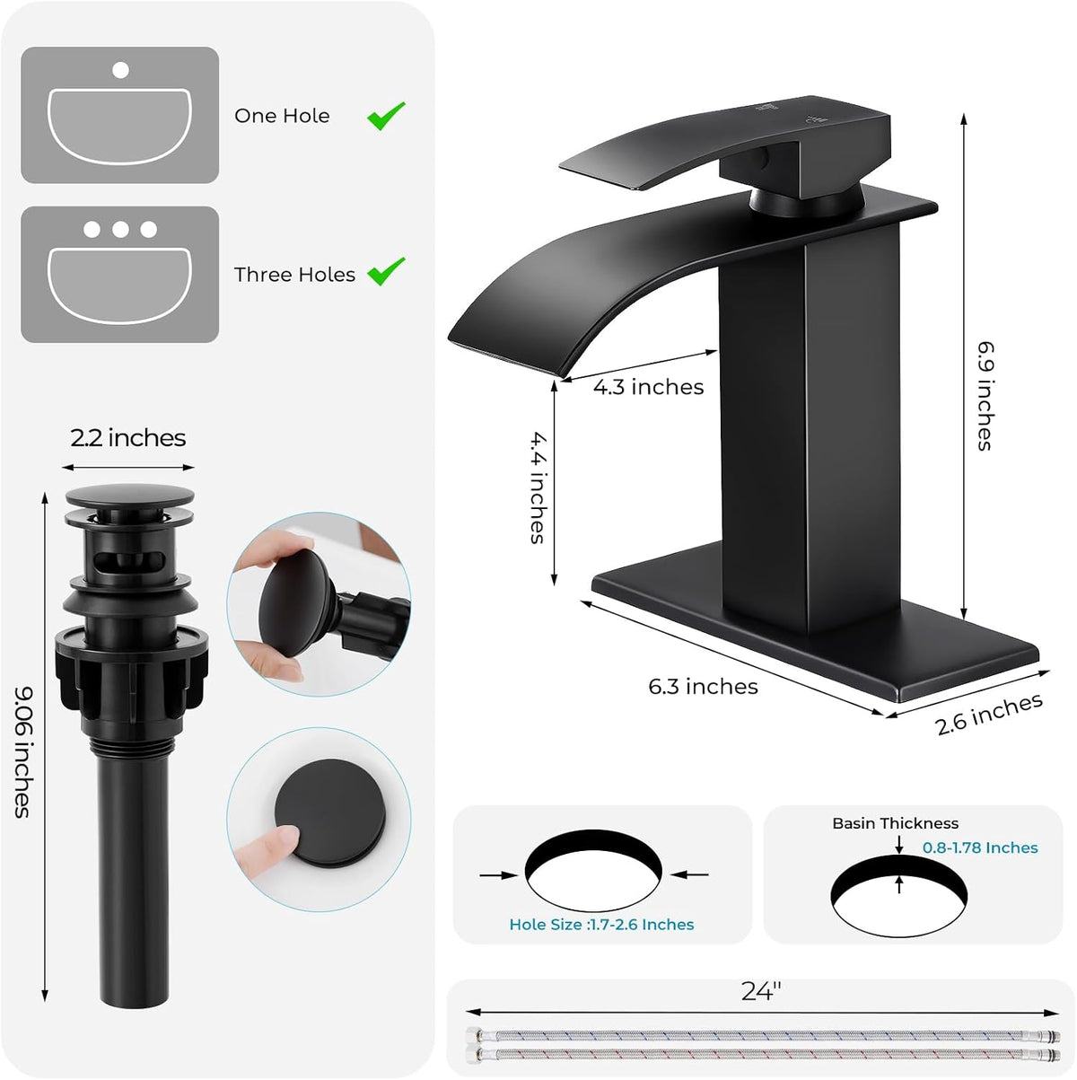 Matte Black Bathroom Faucet with Waterfall Spout and Pop-up Drain