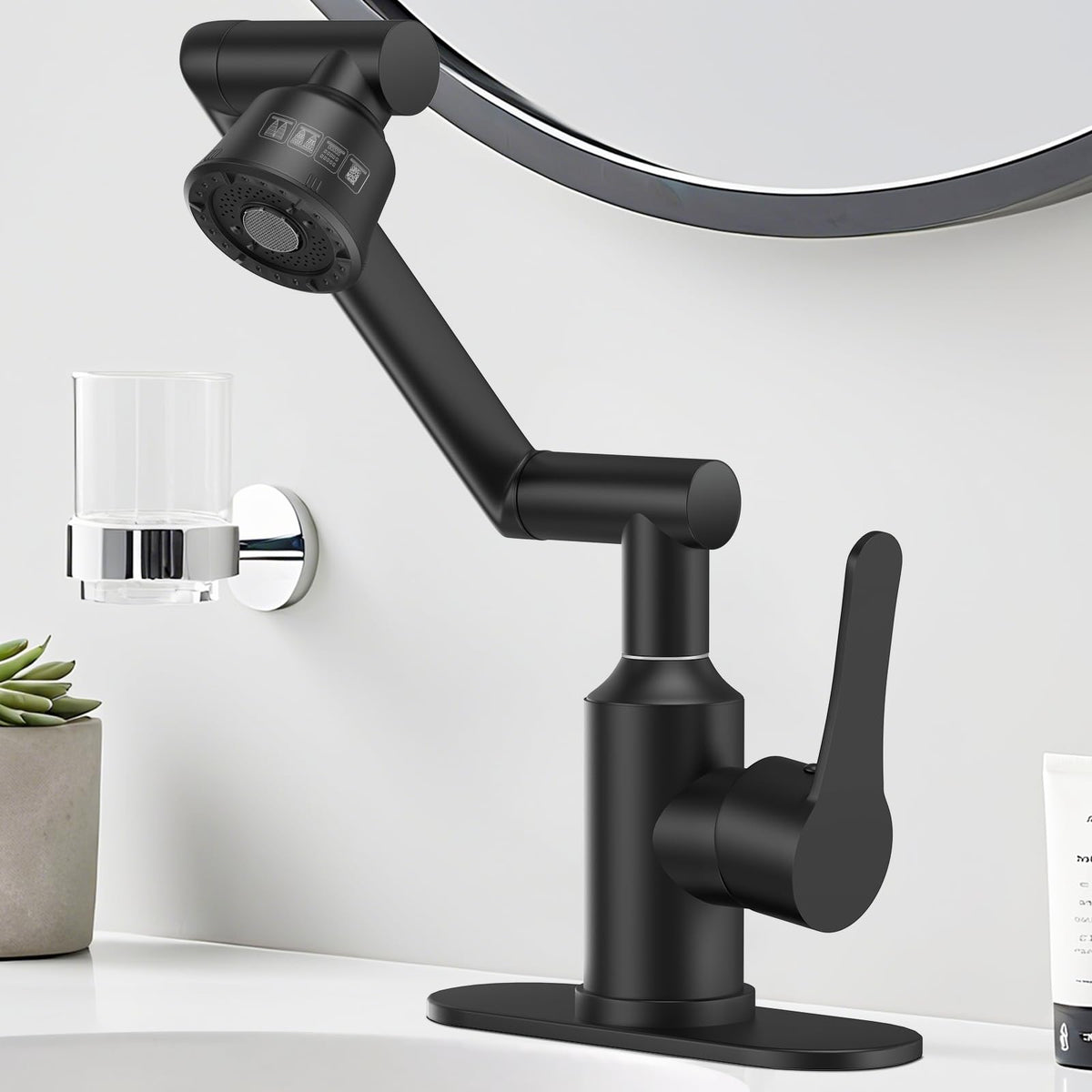 Matte Black 1080° Rotatable Bathroom Faucet, 4 Modes Stainless Steel 1 Hole