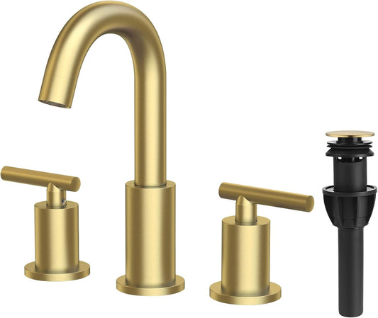 TRUSTMI Brushed Gold Bathroom Faucet 3 Hole 8 Inch Widespread, Swivel Spout