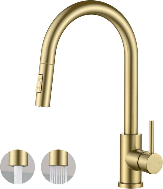 FORIOUS Kitchen Faucet, 2-Mode Pull Down Sprayer, Classic Brushed Gold