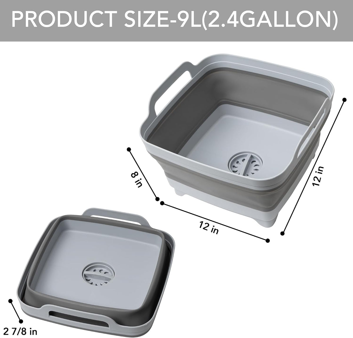 Tiawudi Dishpan for Washing Dishes, 2.4Gal/9L Wash Basin with Draining Plug Carry Handles, Collapsible Bucket for Cleaning, Portable Sink, Foldable Plastic Tub, 1PC