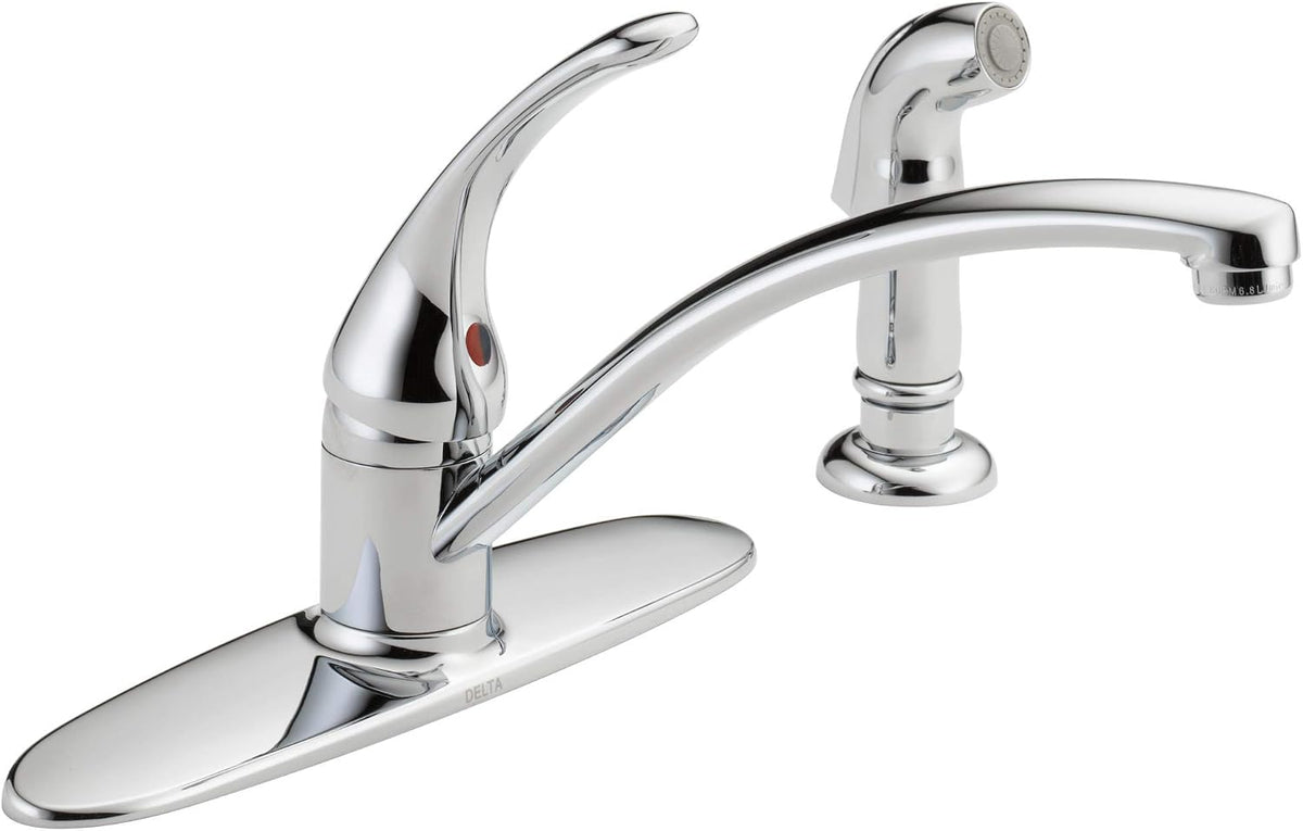 Delta Foundations Chrome Kitchen Faucet with Side Sprayer, Contemporary 4 Hole Kitchen Sink Faucet, Single Handle, Chrome B4410LF