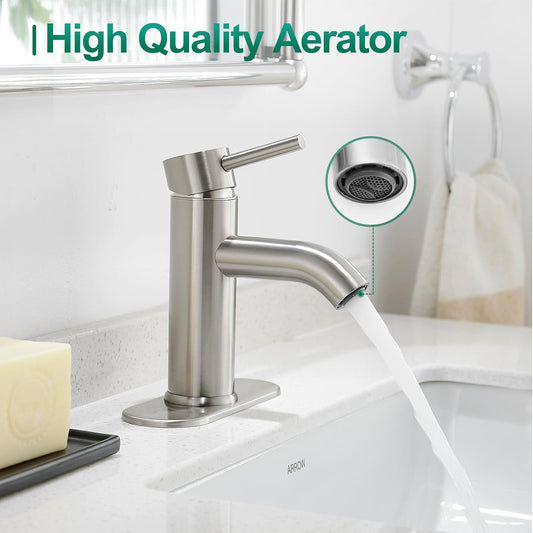 Bathroom Faucet Brushed Nickel Modern Single Hole Bathroom Sink Faucet with Single Handle Suitable for 1 or 3 Holes,Supply Deck Plate and Hose