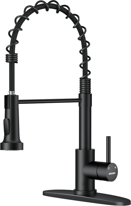 WEWE Black Kitchen Faucet with Pull Down Sprayer, High Arc Bar Sink Faucet
