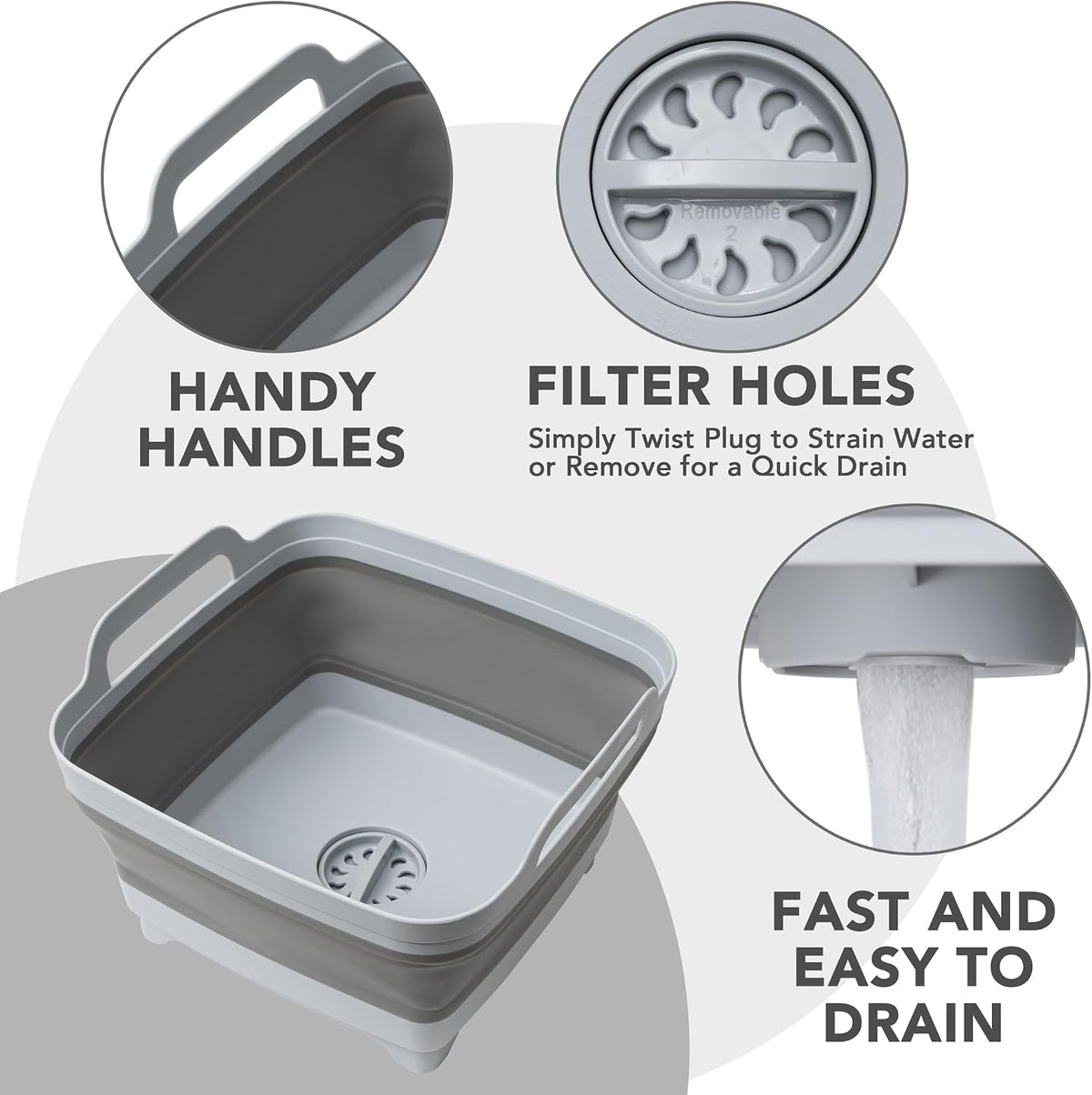 Tiawudi Dishpan for Washing Dishes, 2.4Gal/9L Wash Basin with Draining Plug Carry Handles, Collapsible Bucket for Cleaning, Portable Sink, Foldable Plastic Tub, 1PC