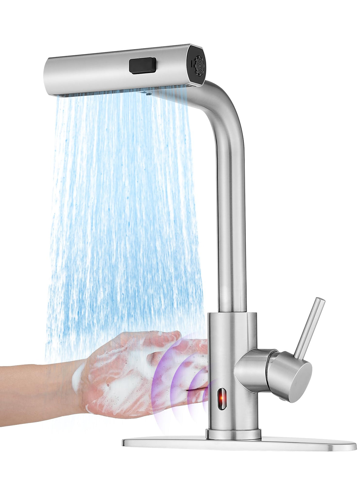 JOOM Black Waterfall Kitchen Faucet with Pull Down Sprayer & Soap Dispenser