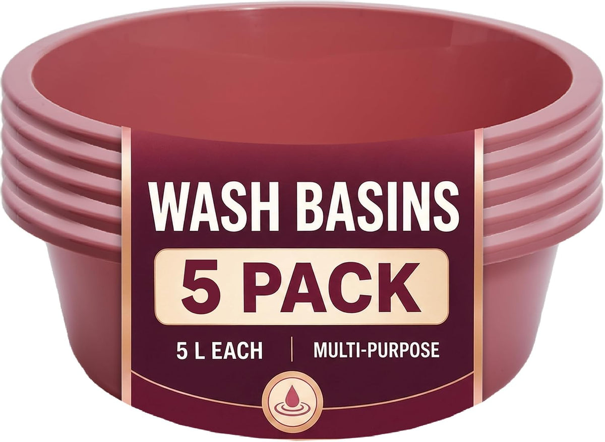 Plastic Wash Basin - 5 Pack of 5 Liter Round Plastic Tub with Rolled Rim - Good for Washing Veggies, Laundry, and Hands and Feet - Good for Hospitals, Nursing Homes, and Medical Facilities
