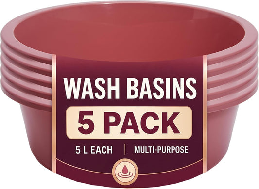 Plastic Wash Basin - 5 Pack of 5 Liter Round Plastic Tub with Rolled Rim - Good for Washing Veggies, Laundry, and Hands and Feet - Good for Hospitals, Nursing Homes, and Medical Facilities