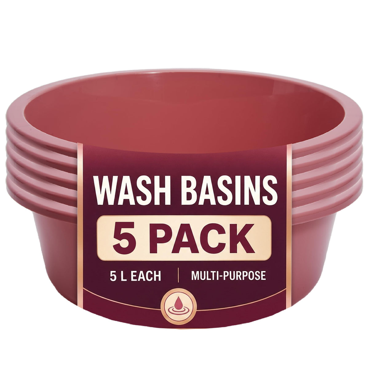 Plastic Wash Basin - 5 Pack of 5 Liter Round Plastic Tub with Rolled Rim - Good for Washing Veggies, Laundry, and Hands and Feet - Good for Hospitals, Nursing Homes, and Medical Facilities