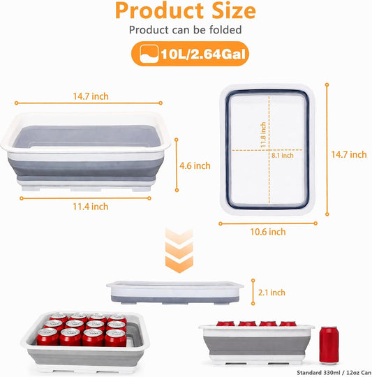 Goderewild Collapsible Dish Pan, 10L (2.6 Gal) Foldable Sink Tub, Gray