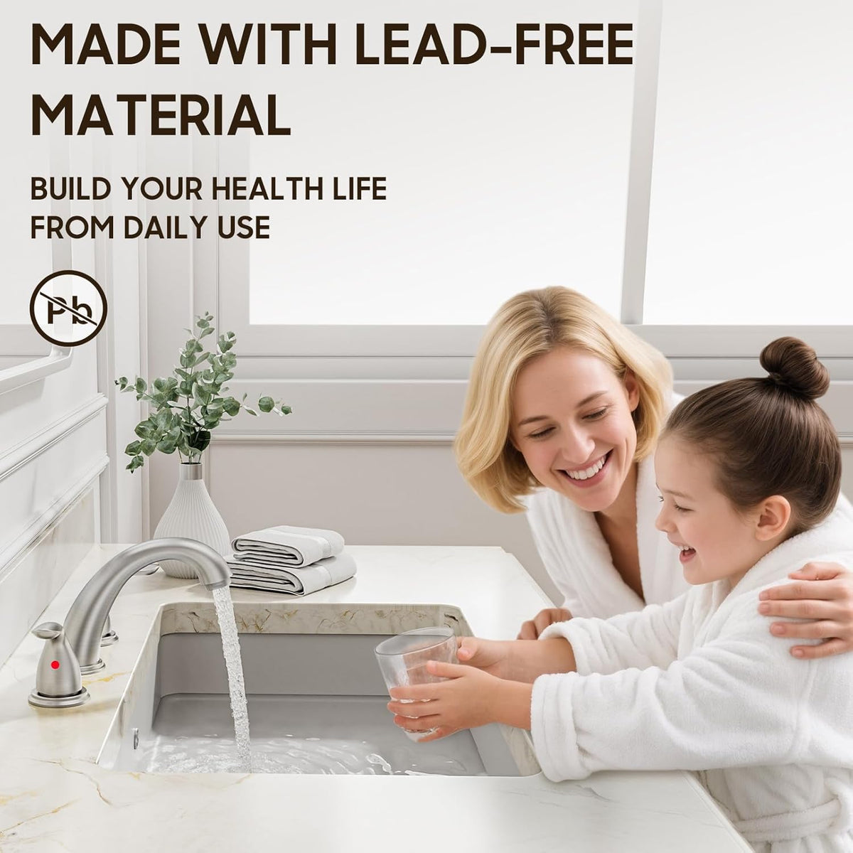 Phiestina 8 Inch 2 Handles 3 Holes Deck Mount Brushed Nickel Widespread Bathroom Faucet, with Stainless Steel Pop Up Drain, WF008-5-BN