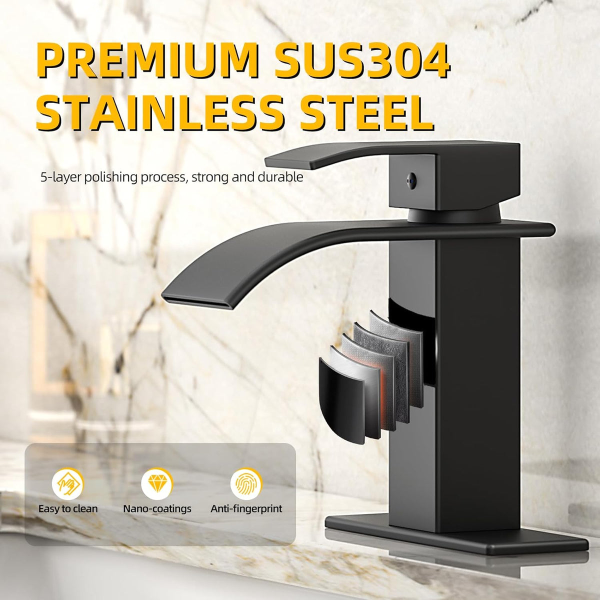Ryuwanku Waterfall Bathroom Faucet, Matte Black Stainless Steel, 1-Handle