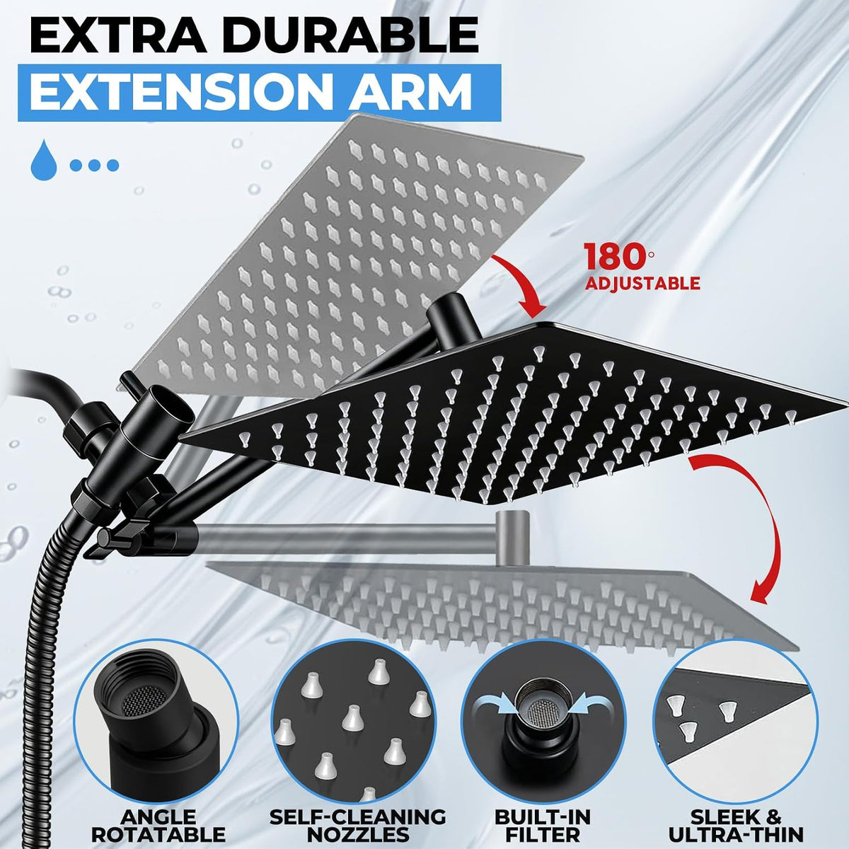 Shower Head, 8 inch Multifunction High Pressure Rain Shower Head with Handheld Spray Combo with 11'' Angle Adjustable Extension Arm/Flow Regulator/Shower System Matte Black