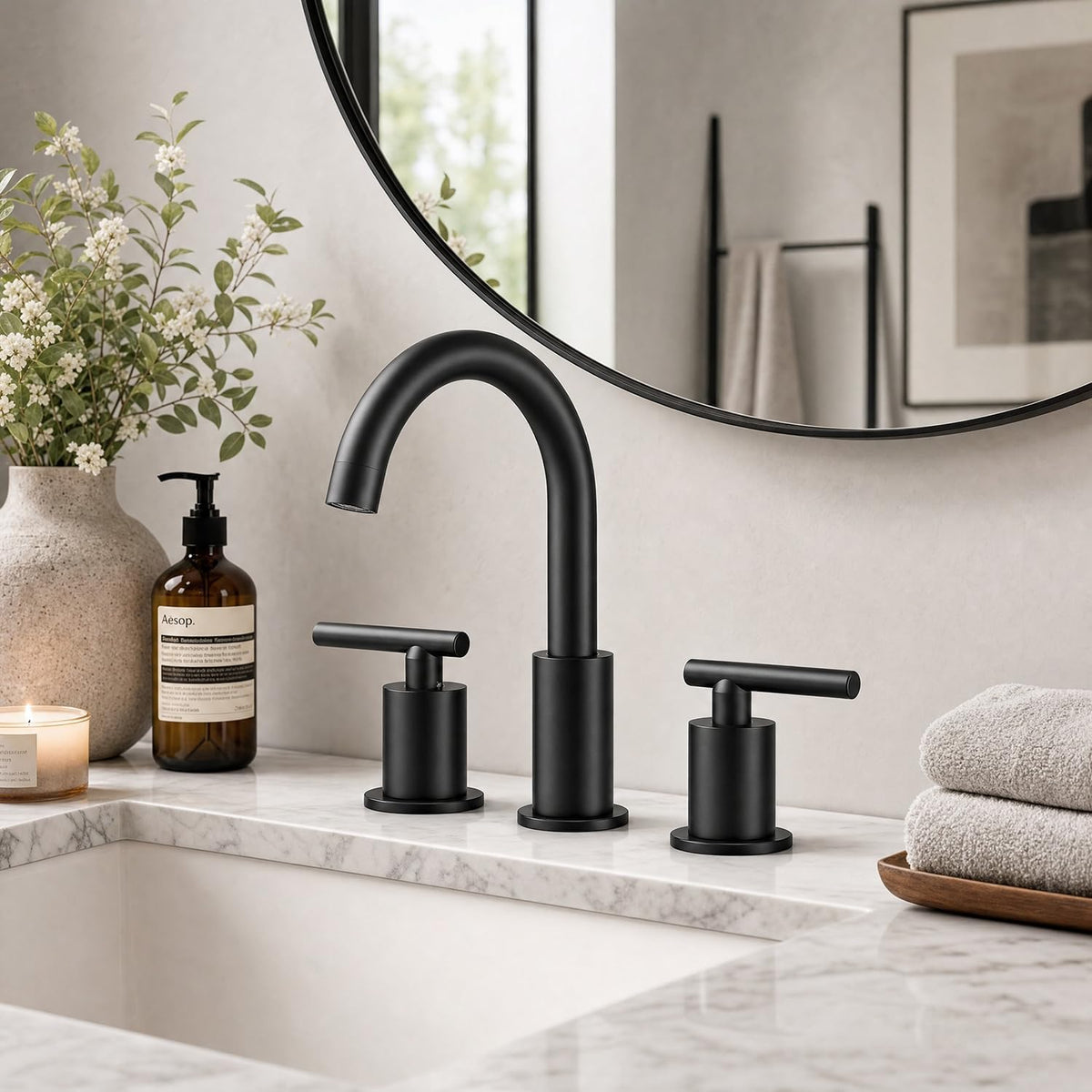 Bathroom Faucet 3 Hole, 2 Handle Vanity Sink Faucet Matte Black