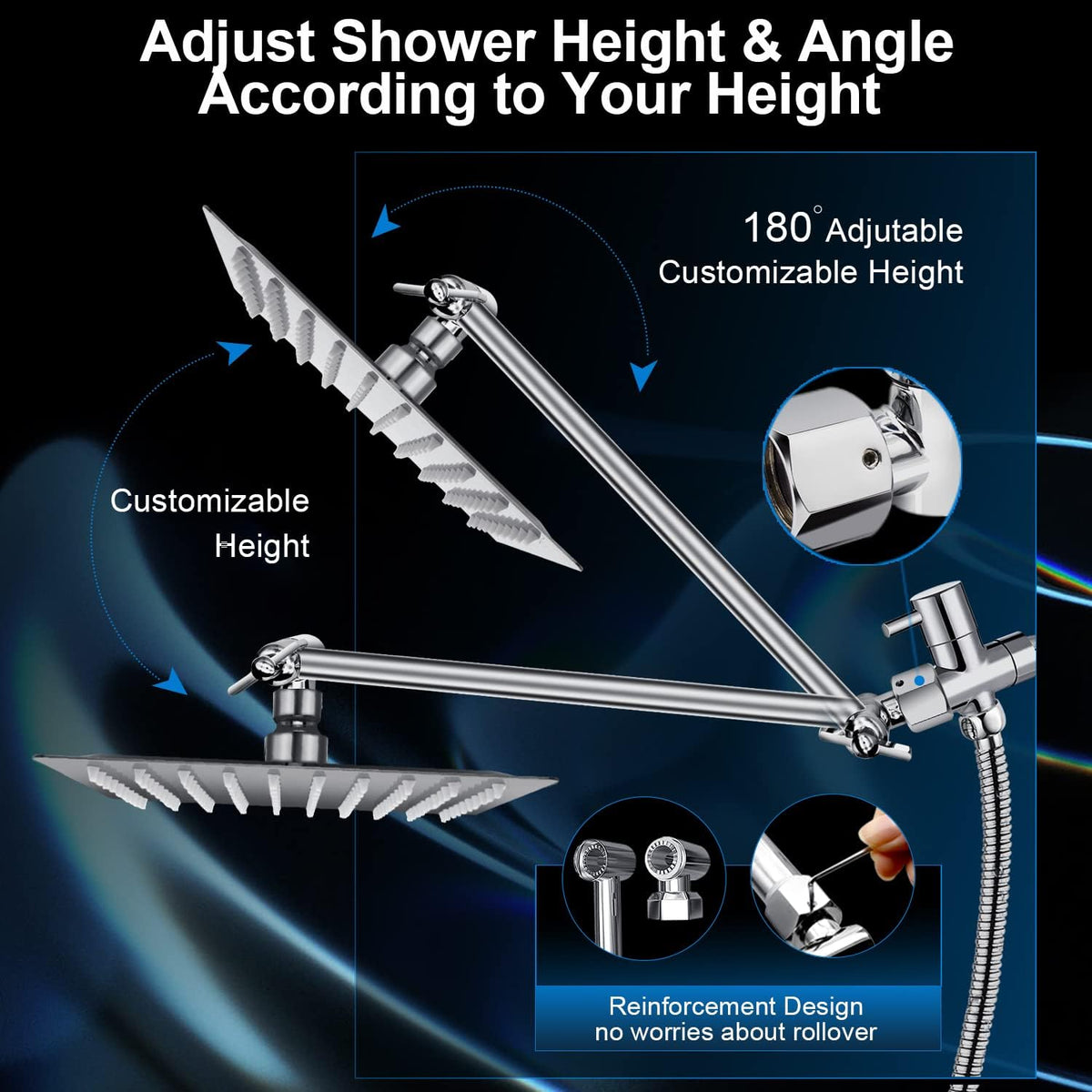 Shower Head Combo,10" High Pressure with 11" Extension Arm 5 Spray Handheld