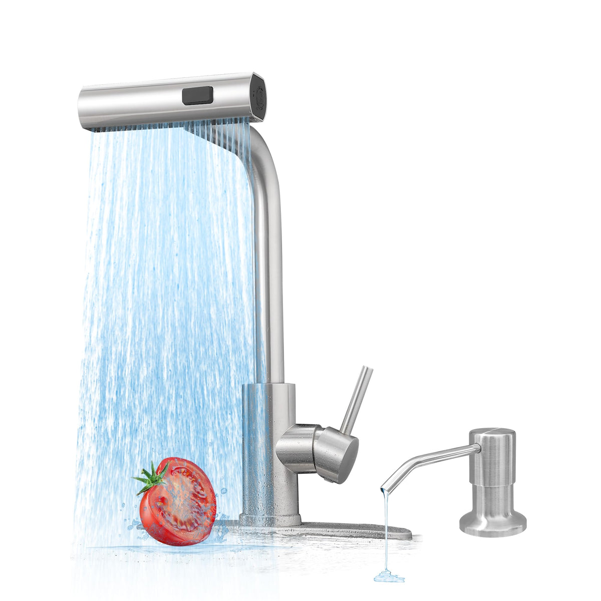 JOOM Black Waterfall Kitchen Faucet with Pull Down Sprayer & Soap Dispenser
