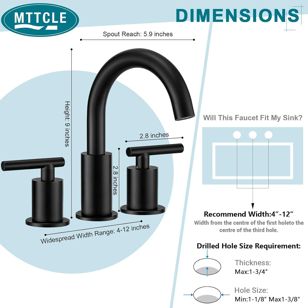 Bathroom Faucet 3 Hole, 2 Handle Vanity Sink Faucet Matte Black