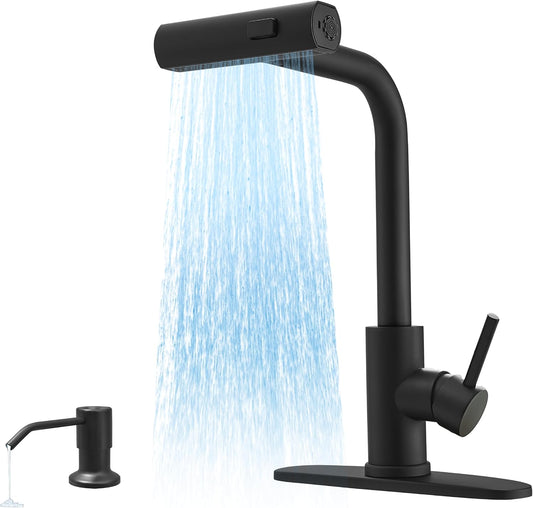 JOOM Black Waterfall Kitchen Faucet with Pull Down Sprayer & Soap Dispenser