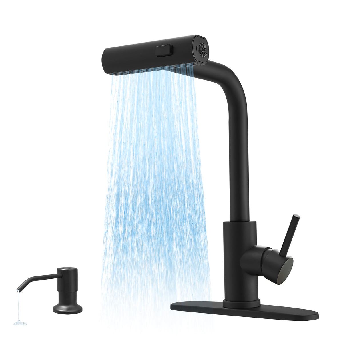 JOOM Black Waterfall Kitchen Faucet with Pull Down Sprayer & Soap Dispenser