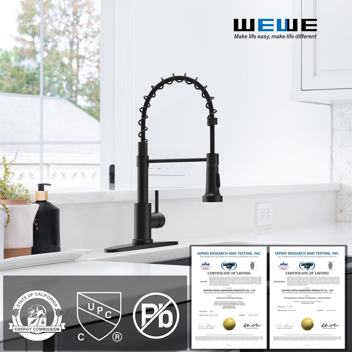 WEWE Black Kitchen Faucet with Pull Down Sprayer, High Arc Bar Sink Faucet