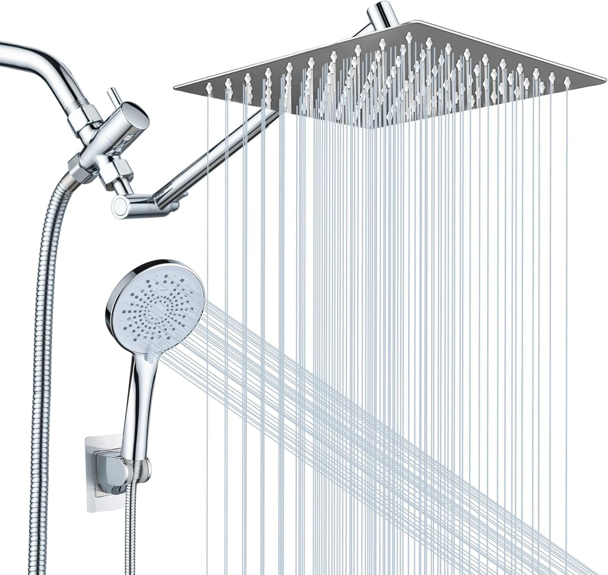 Peicuai Shower Head Combo, 10-Inch High-Pressure Rainfall Shower Head with 11-Inch Adjustable Extension Arm, 5-Setting Matte Black Handheld Shower with Long Hose, Powerful Spray for Low Water Pressure