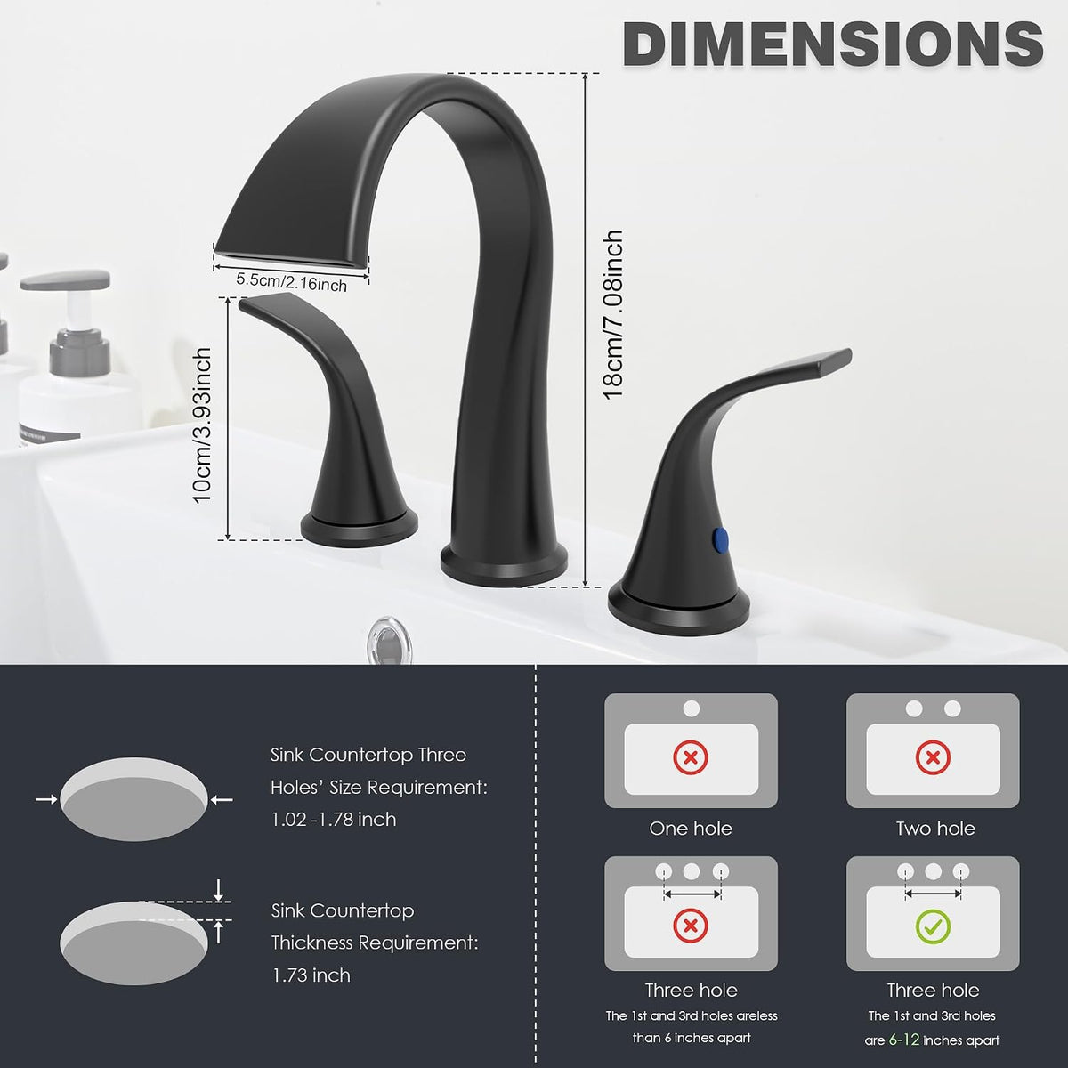 Bathroom Faucets 3 Hole Bathroom Sink Faucet with Pop Up Drain and Water Supply Hoses 8 Inch Waterfall Bathroom Faucet Two Handles for Vanity,Lavatory,Restroom,Commercial,Black