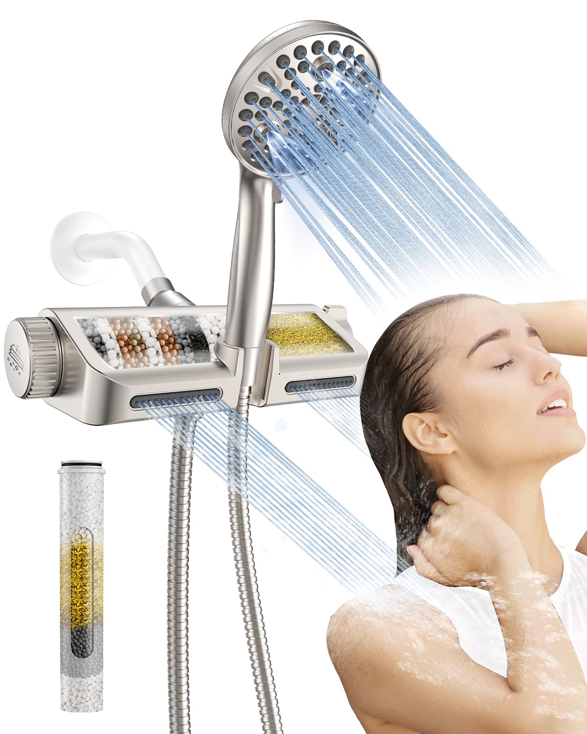 MakeFit Filtered Shower Head with Handheld Combo - Dual 2-in-1 Spa System with Massage Shower and 10 Modes Hand Held Shower High Pressure with Built in Power Wash Mode (Chrome)