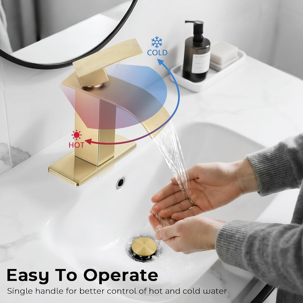 Brushed Gold Bathroom Faucets, Waterfall Bathroom Sink Faucet