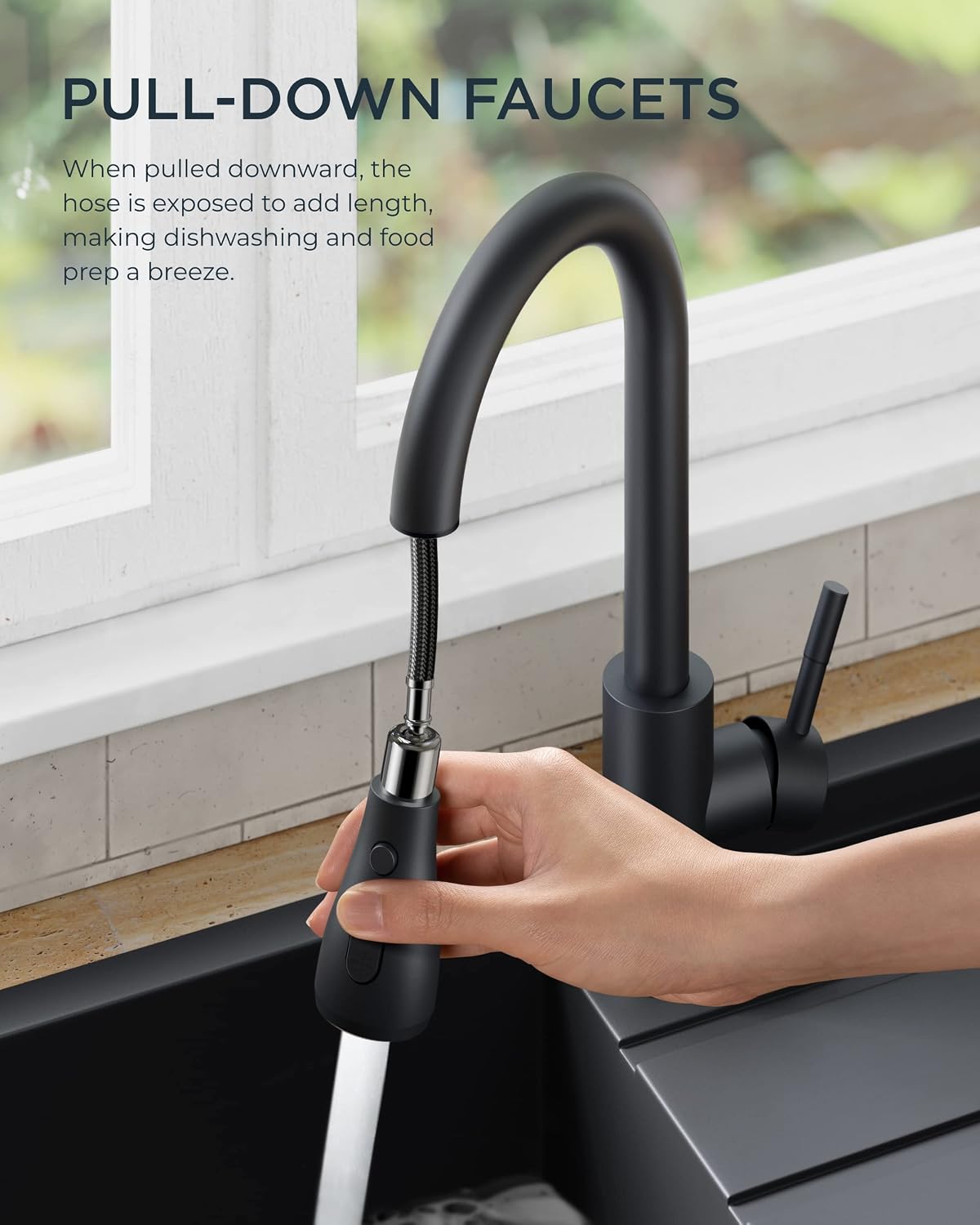 FORIOUS Black Kitchen Faucet with Pull Down Sprayer, Stainless Steel
