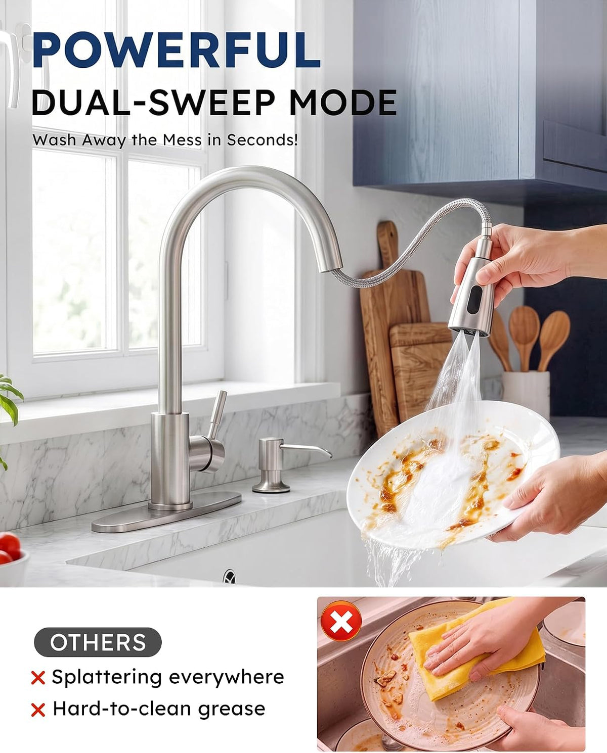 WOWOW Kitchen Faucet with Soap Dispenser: 304 Stainless Steel Kitchen Sink Faucet with Pull Down Sprayer 3 Modes, Single Handle High Arc Mixer Taps for Sink, RV, Laundry, Bar (Brushed Nickel)