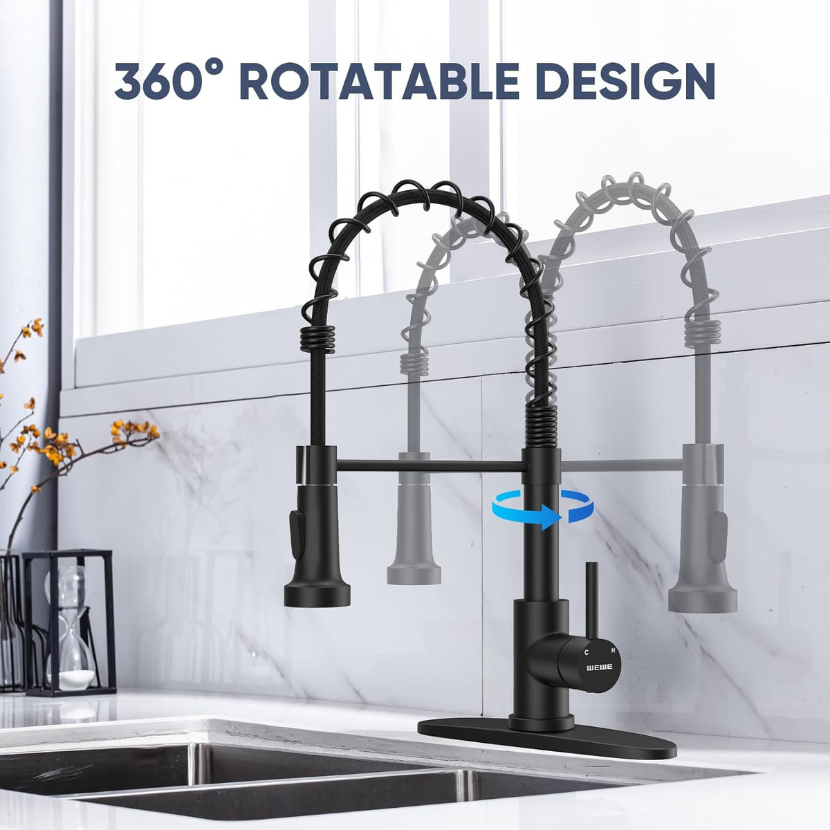 WEWE Black Kitchen Faucet with Pull Down Sprayer, High Arc Bar Sink Faucet