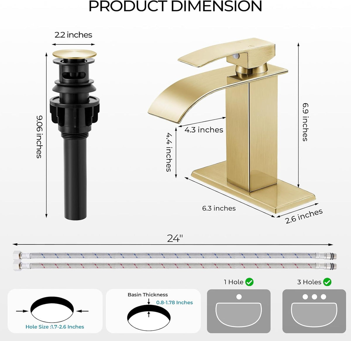Brushed Gold Bathroom Faucets, Waterfall Bathroom Sink Faucet