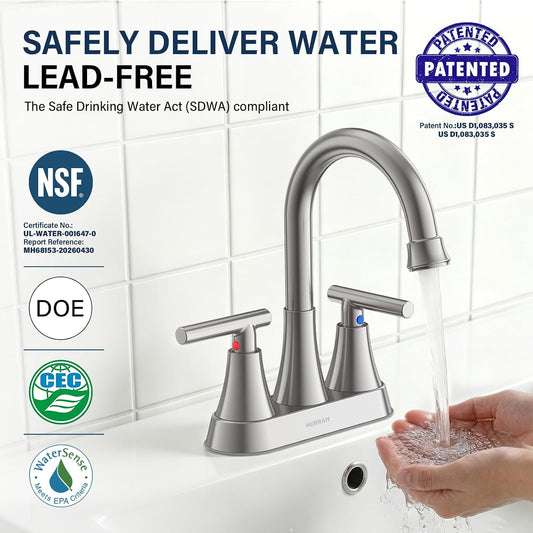 Bathroom Faucet, Hurran 4 inch Centerset 2-Handle Lead-Free, Brushed Nickel