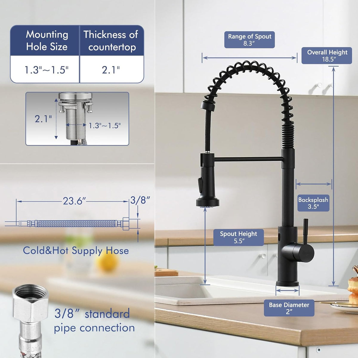 GIMILI Matte Black Touchless Kitchen Faucet with Spring Pull Down Sprayer