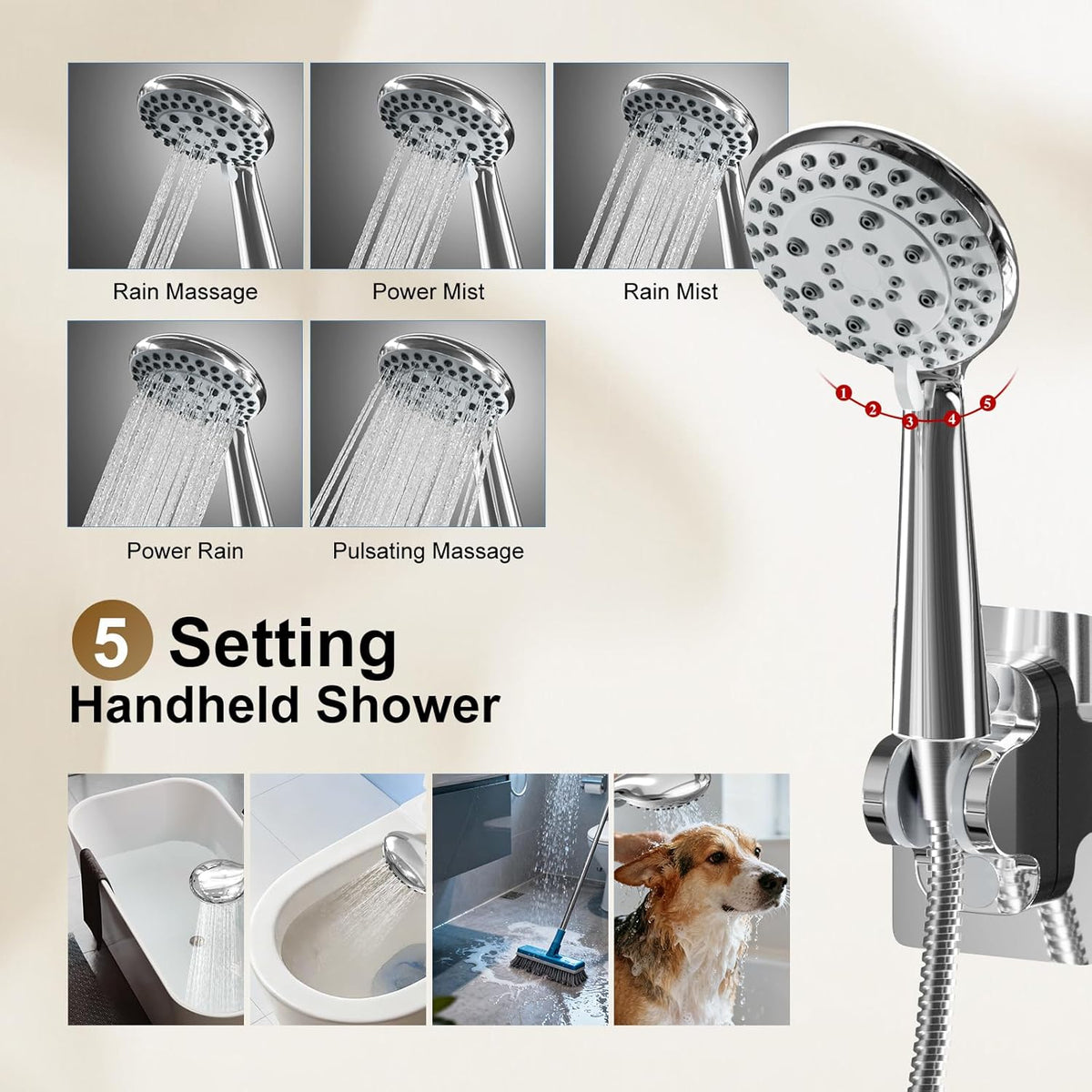Shower Head with Handheld Spray, 8" High Pressure Rain Shower Head Combo with Adjustable Extension Arm, 5 Spray Modes Dual Showerhead Set, Detachable Handheld Shower, 304 Stainless Steel, Chrome